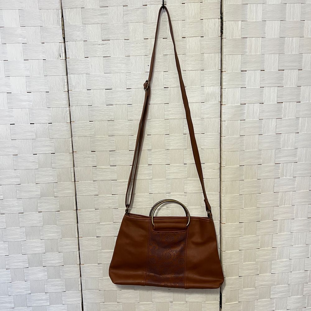 Faux Leather Crossbody Bag, Laser Cut, Ring Handles, Adjustable Strap